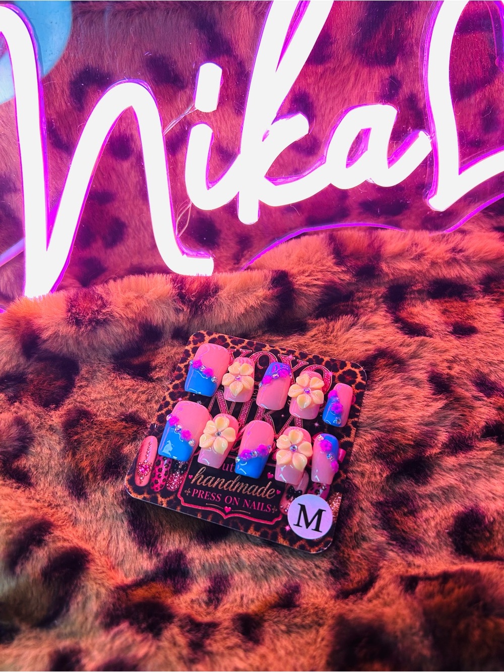 Handmade Press-On Nail Set — Pink & Blue Floral - Size Medium